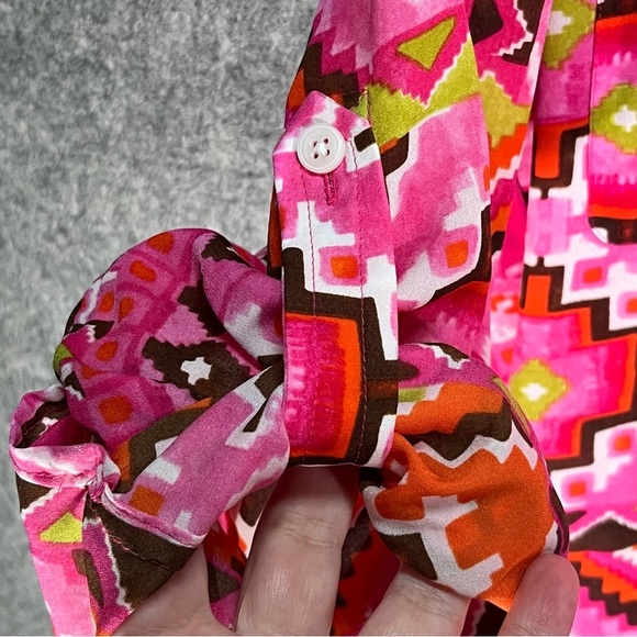 Geometric Pink Green Brown Long Sleeve Collar Shirt Button Front Medium - Picture 3 of 7